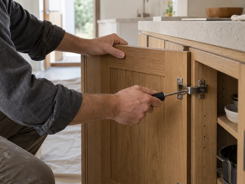 Escena ilustrativa de ajuste de una puerta de mobiliario de cocina